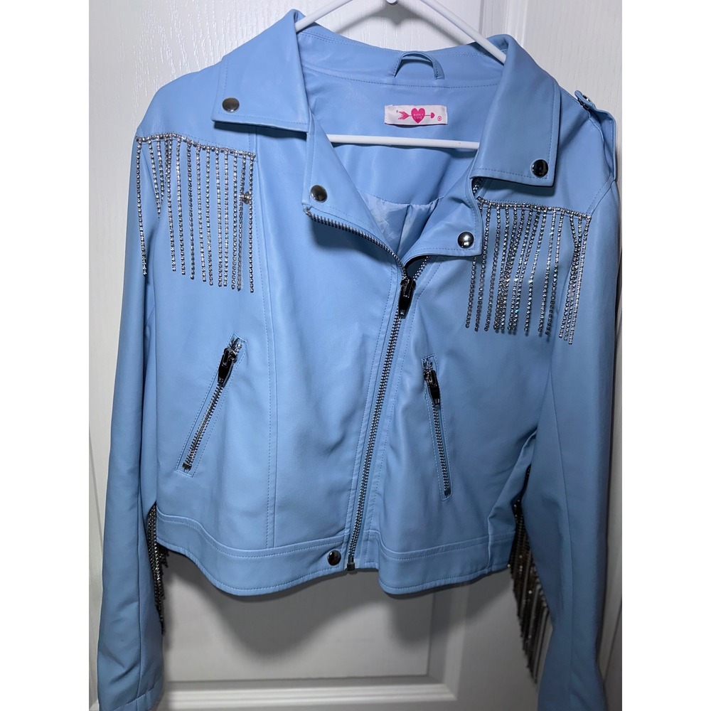 Buddy Love Light Blue Faux Leather Rhinestone Fringe Moto Jacket Womens Medium